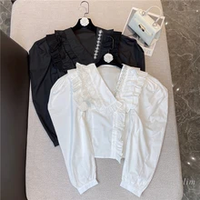 Women's Spring Shirts New Rhinestone Edge V-neck Lace Ruffled Short Puff Sleeve Blouse Top Ladies Blusas White Black 2022
Women's Spring Shirts New Rhinestone Edge V-neck Lace Ruffled Short Puff Sleeve Blouse Top Ladies Blusas White Black 2022