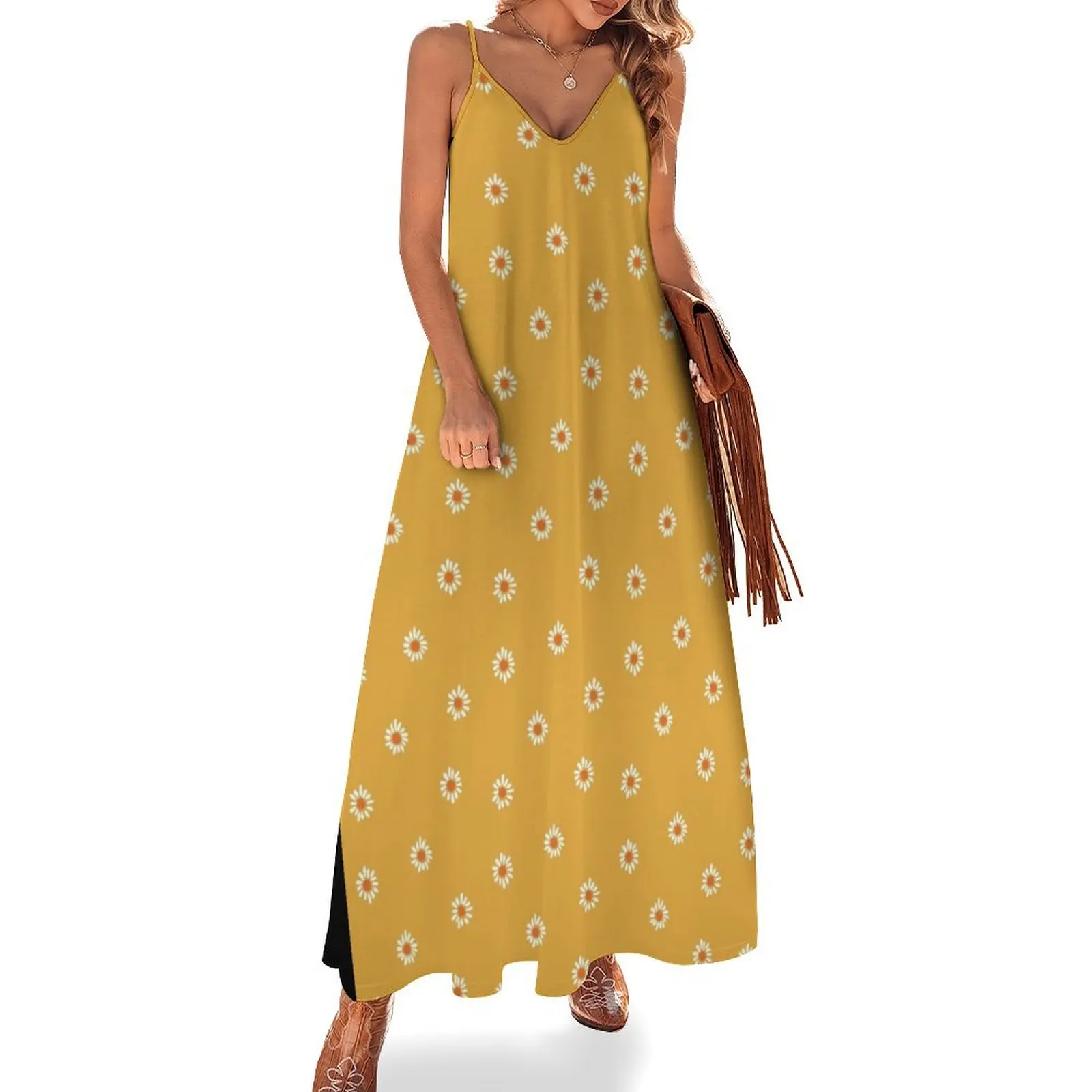 

Daisies floral pattern on mustard yellow Sleeveless Dress Women's dress long dresses for women summer dresses