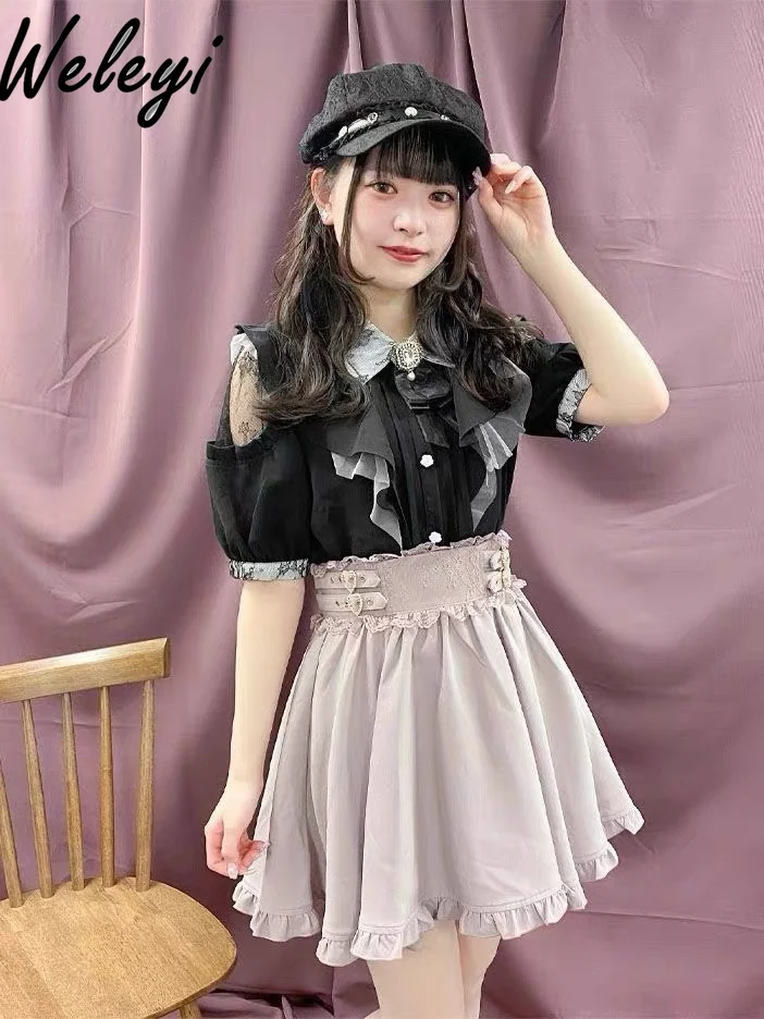 

Kawaii Lolita Blouses Women's All Match Cute Mine Tied Off Shoulder Lace Stitching Pearl Rhinestone Collar Bow Rojita Shirt Tops