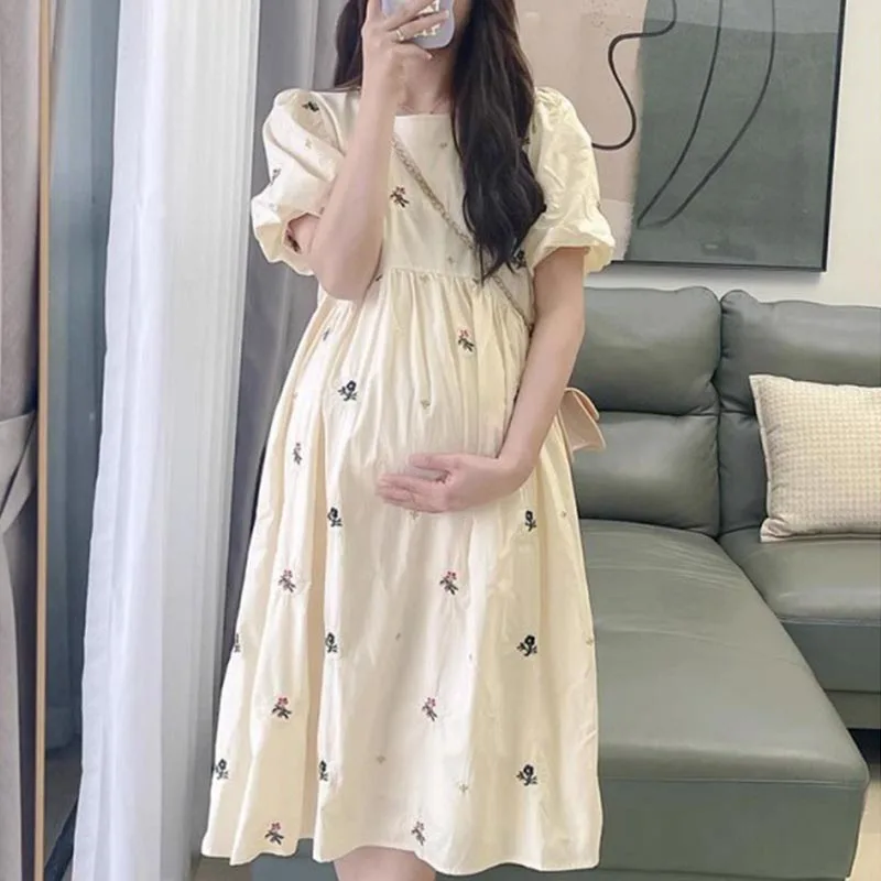 

2024 Summer Maternity Pleated Dress Solid Color Loose Pregnant Woman Long Dress Short Sleeve Plus Size Pregnancy Dresses