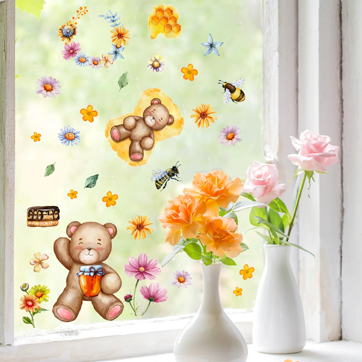 

Самоклеящиеся наклейки на стену, растения, цветы, Мультяшные животные, пчелы, окна, украшения для комнаты