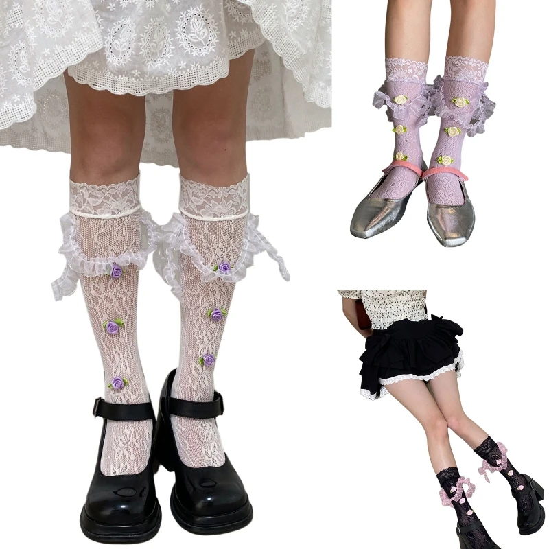 

Japanese Lace Stockings 1 Pair Flower Hollow Summer Mesh Thin Pile Socks 37JB