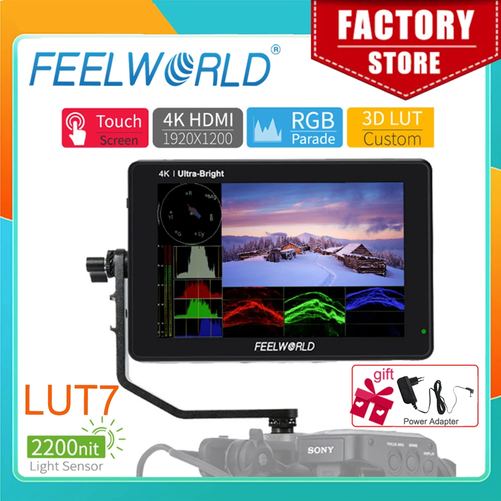 FEELWORLD Camera Field Monitor LUT7 7 inch 2200nits Touch Screen 3D LUT 4K HDMI Monitor with Waveform VectorScope Histogram Mode
FEELWORLD Camera Field Monitor LUT7 7 inch 2200nits Touch Screen 3D LUT 4K HDMI Monitor with Waveform VectorScope Histogram Mode