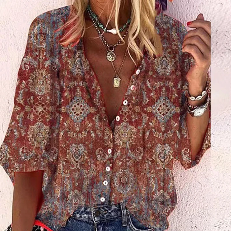 Vintage Printing Women Shirt Stand Collar Three-quarter Sleeve Single Breasted Top Causal Loose Fashion Summer Shirt Female Chic
Vintage Printing Women Shirt Stand Collar Three-quarter Sleeve Single Breasted Top Causal Loose Fashion Summer Shirt Female Chic