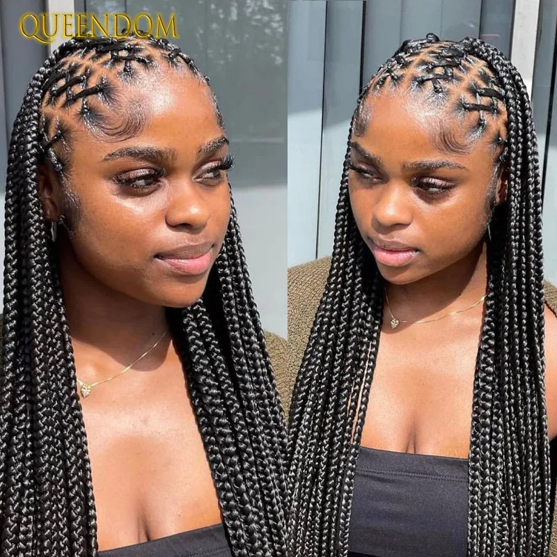 

36" Full Lace Front Wig Criss Cross Braided Wigs For Black Women 360 Lace Front Wig Knotless Synthetic Braids Wig With Baby Hair