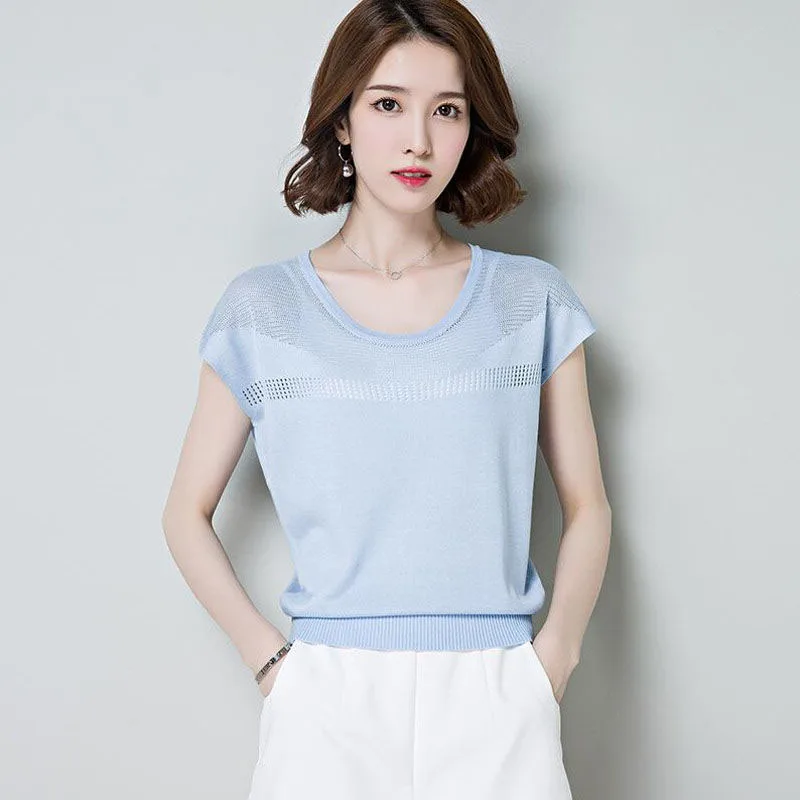 Hollow Out Thin Summer Knitted T-shirt Casual Loose Sleeveless Thin Blue Tops O-neck Cool New Pull Jumpers 
Hollow Out Thin Summer Knitted T-shirt Casual Loose Sleeveless Thin Blue Tops O-neck Cool New Pull Jumpers