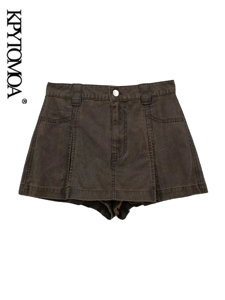 

KPYTOMOA Women Fashion Box Pleat Waxed Shorts Skirts Vintage Mid Waist Zipper Fly Female Skorts Mujer