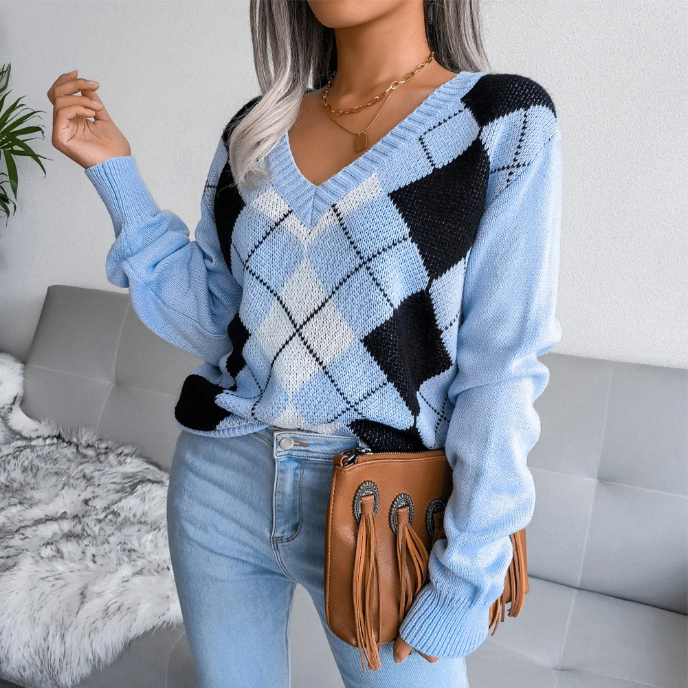 Women Autumn Winter Warm Pullover V Neck Long Sleeve Argyle Print Knit Sweater Academy Style Diamond Casual Ladies Sweater Top
Women Autumn Winter Warm Pullover V Neck Long Sleeve Argyle Print Knit Sweater Academy Style Diamond Casual Ladies Sweater Top