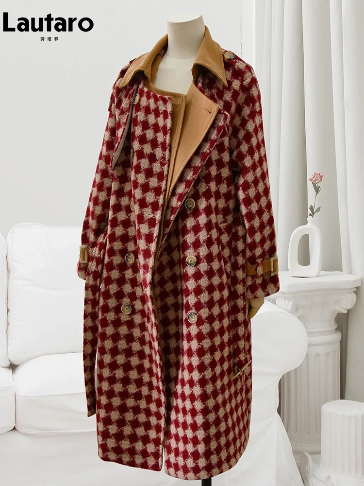 

Женское твидовое пальто Lautaro, длинное утолщенное теплое красное шерстяное пальто с поясом, двубортное Роскошное дизайнерское модельное пальто, Осень-зима 2022