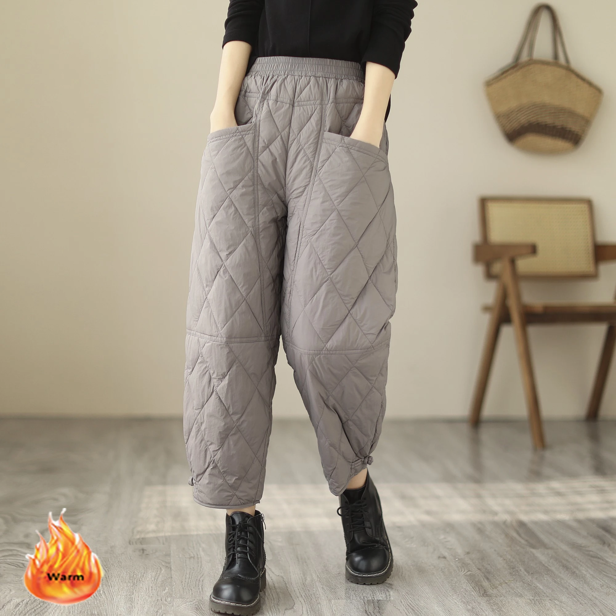 

Warm Down Cotton Harem Pants Women Korean Fashion Winter High Waist Baggy Trousers Snow Wear Thick Quilted Pantalones Casual