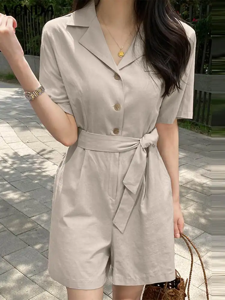 

Women Summer Jumpsuits 2023 VONDA Sexy Short Sleeve Belted Rompers Casual Solid Color Loose High Waist Elegant OL Playsuits