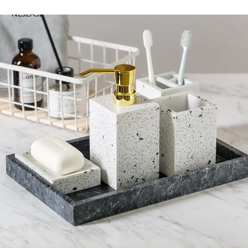 

Five Piece Set Creative Spots Resin Soap Dish Portable Travel Gargle Cup Bathroom Accessories Set Toilet Brush Toothbrush Holder