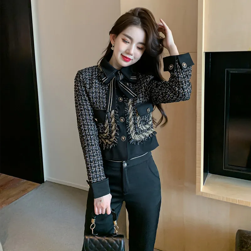 Женский офисный элегантный шикарный костюм, твидовая куртка, топ и брюки, комплект из двух предметов, женская одежда, осенне-зимняя твидовая Очаровательная ткань 
Женский офисный элегантный шикарный костюм, твидовая куртка, топ и брюки, комплект из двух предметов, женская одежда, осенне-зимняя твидовая Очаровательная ткань