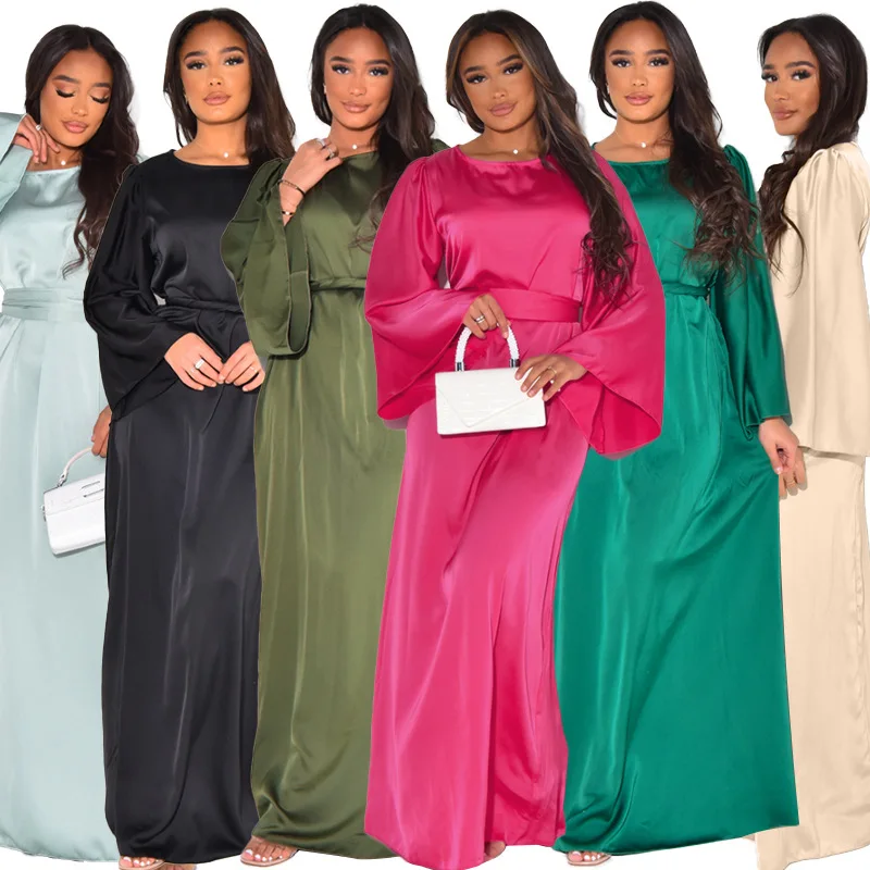 

Women Eid Muslim Dresses Dubai Arab Kaftan Islam O Neck Solid Color Belt Gorgeous Party Dress Ramadan Morocco Vestidos