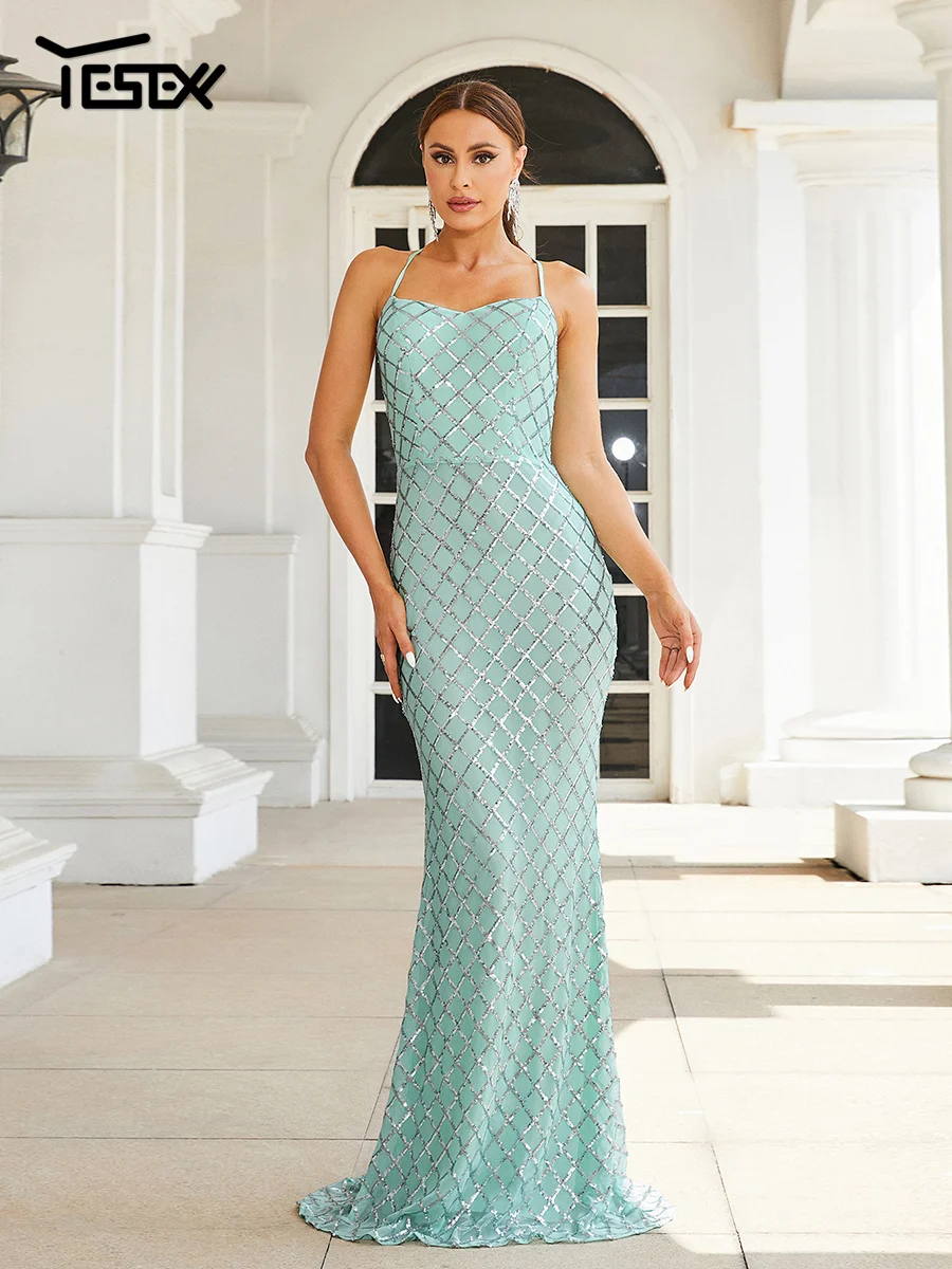 

Yesexy 2024 New Halter Lightgreen Fashionable Elegant Open Back Sequin Mermaid Evening Floor Length Wedding Birthday Party Dress