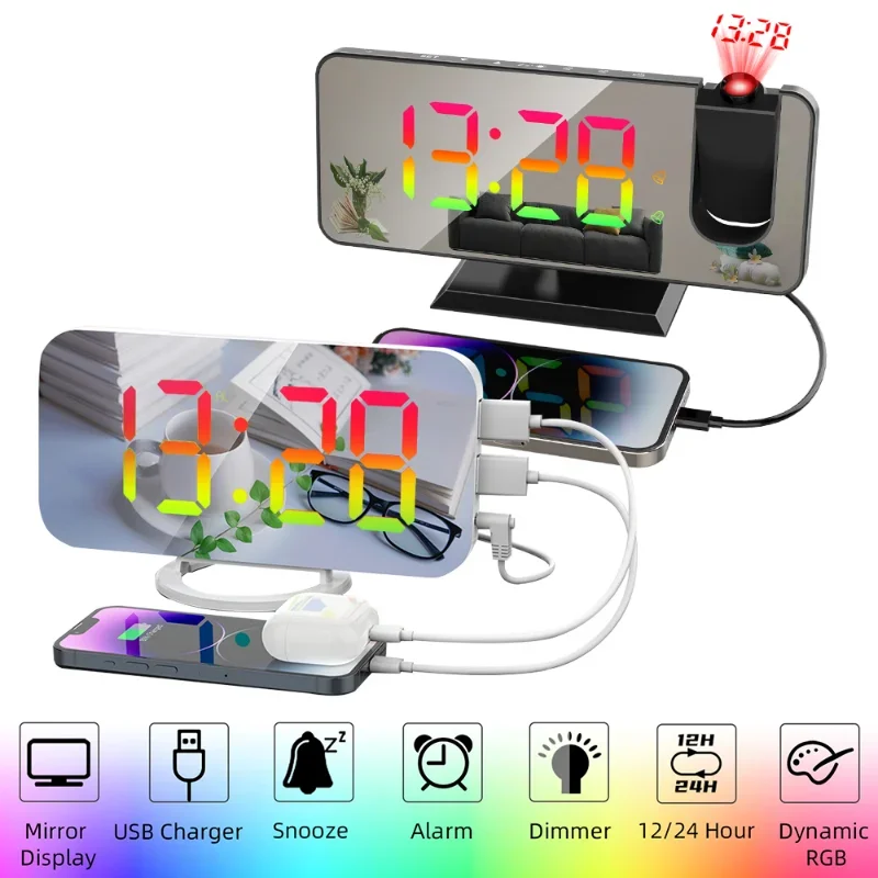 

Mirror Digital Alarm Clock Dynamics RGB Display Wake Up Snooze Desk Clock USB Electronic Ceiling Projector Clocks Room Decor