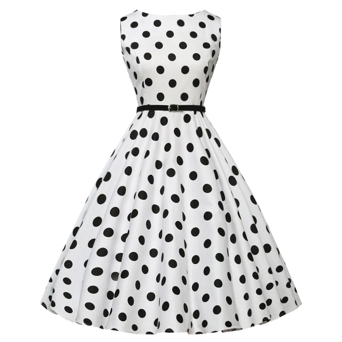 

Women Sleeveless Pleated Rockabilly Flare Dress Polka Dot Print Swing Dress 1950s 60s Audrey Hepburn Retro Vintage Party Dresses