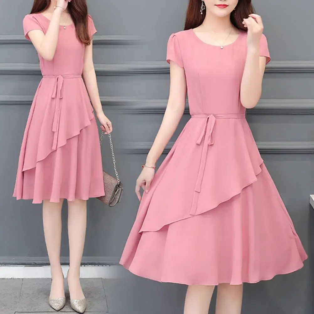 Women Midi Dress Elegant O-Neck Short Sleeve Summer Dress Solid Color Layered Hem Lace Up A-line Dress Streetwear For Dialy
Women Midi Dress Elegant O-Neck Short Sleeve Summer Dress Solid Color Layered Hem Lace Up A-line Dress Streetwear For Dialy