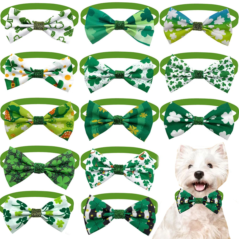 

50/100 Pcs ST Patrick's Day Dog Bow Ties Adjustable Collar Pet Grooming Accessories Green Clover Dog Bowtie Necktie Pet Supplies