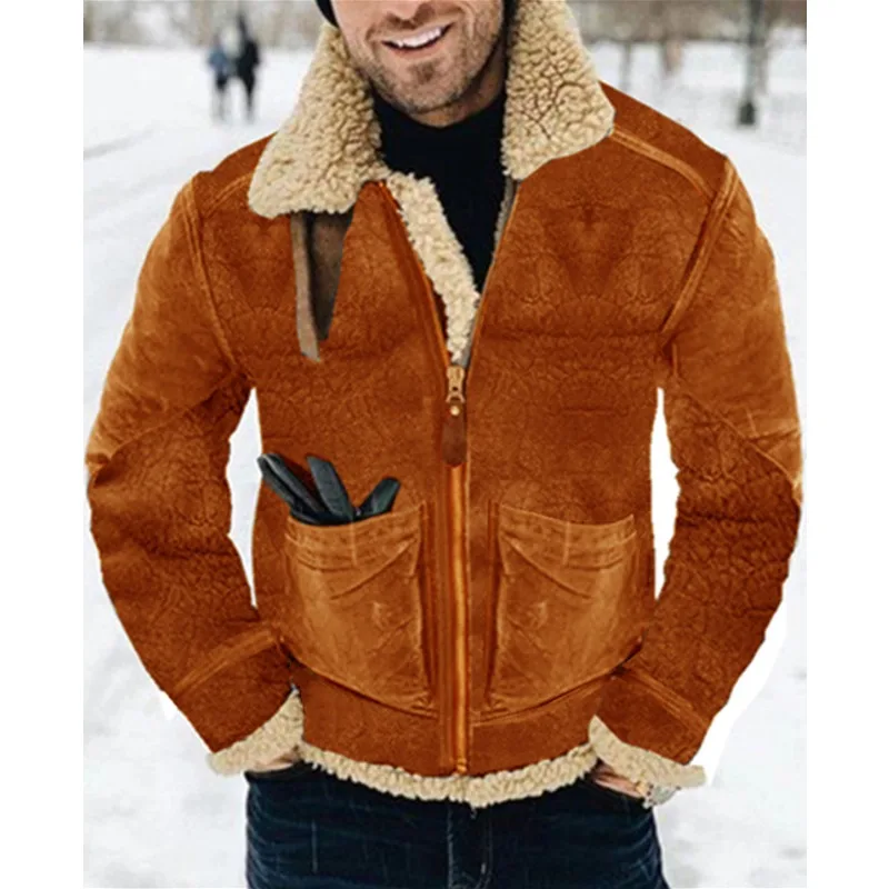 

Мужское плюшевое теплое пальто с карманами, новинка осень-зима, кожаное и меховое пальто, мужская мода, пальто на молнии с длинным рукавом и отложным воротником