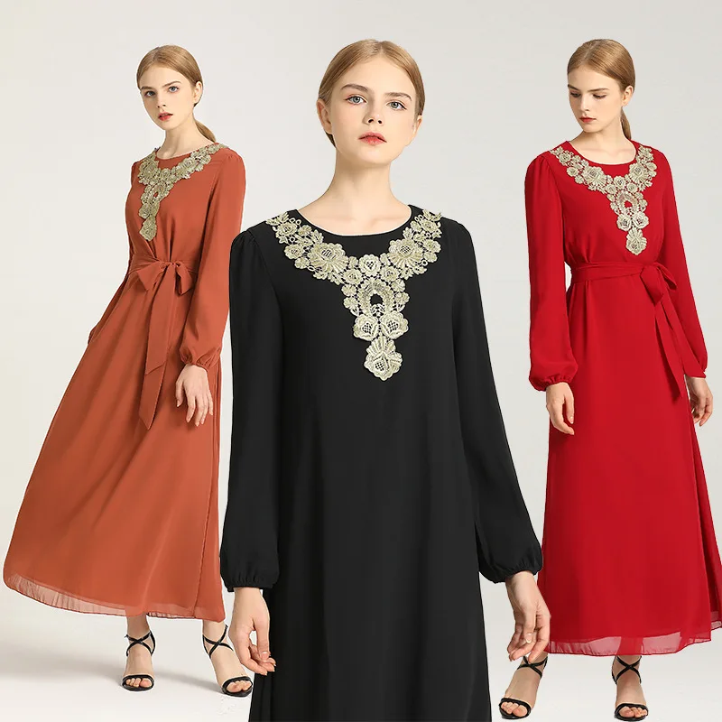 

O Neck Slim Long Dresses Maxi Dress Waistband Solid Color Kebaya Muslim Sets Abayas Free Shipping Turkey Vestido De Festa Luxo