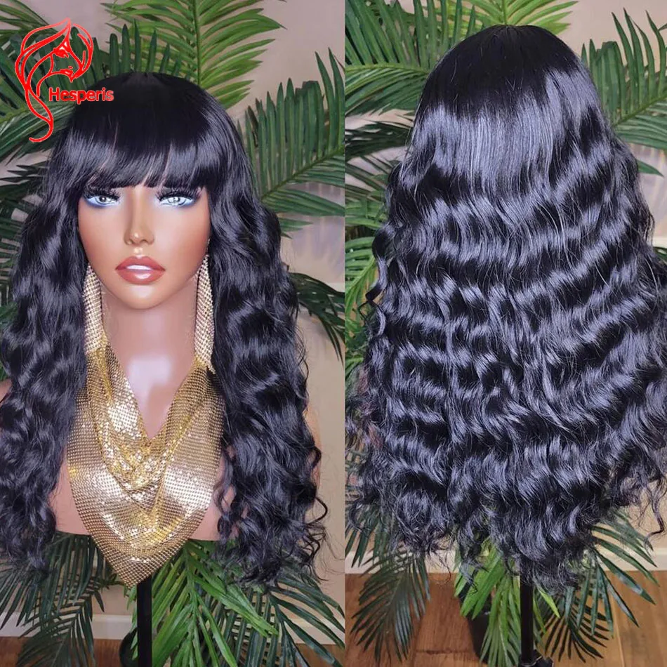 

Hesperis Natural Deep Wave Hair Full Machine Wig with Bangs Wavy Straight Bang Hairstyle Glueless Human Hair Wig Brazilian Hair