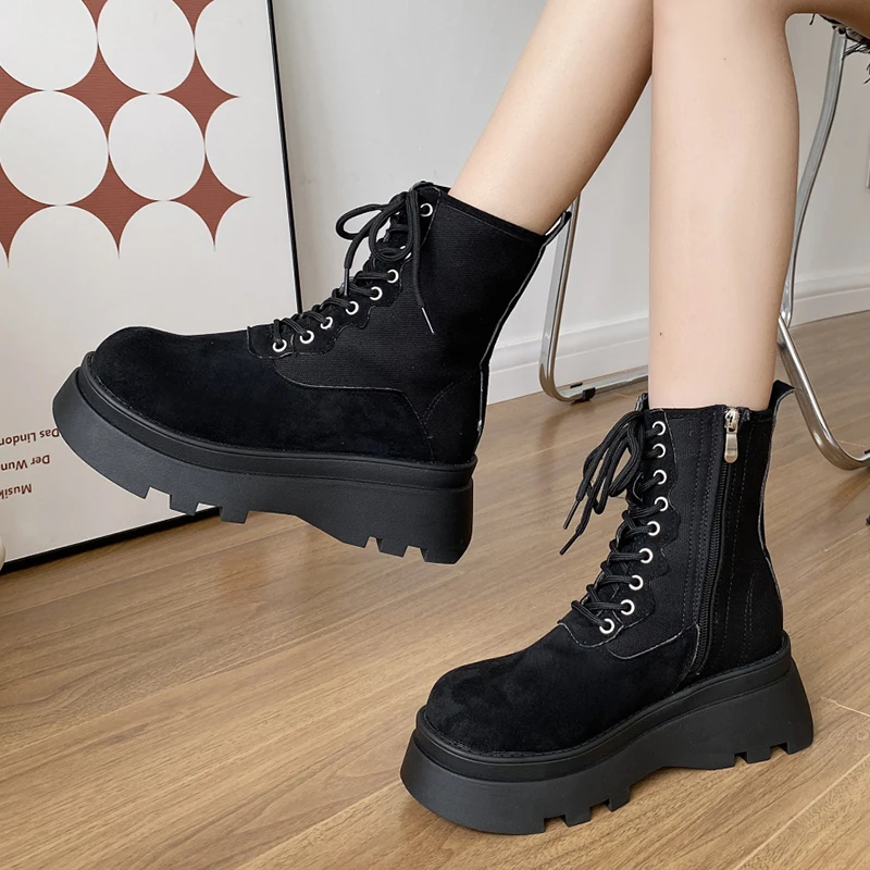 

Women's Chunky Platform Motorcycle Boots Autumn Winter 2023 Punk Thick Bottom Combat Booties Woman Zip Lace Up Ankle Botas Mujer