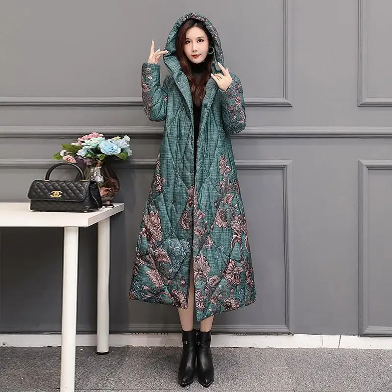 Women's Winter Down Cotton Jacket X-long Printing Loose Thick Outwear Hooded Loose Covered Button Female Parka
Women's Winter Down Cotton Jacket X-long Printing Loose Thick Outwear Hooded Loose Covered Button Female Parka