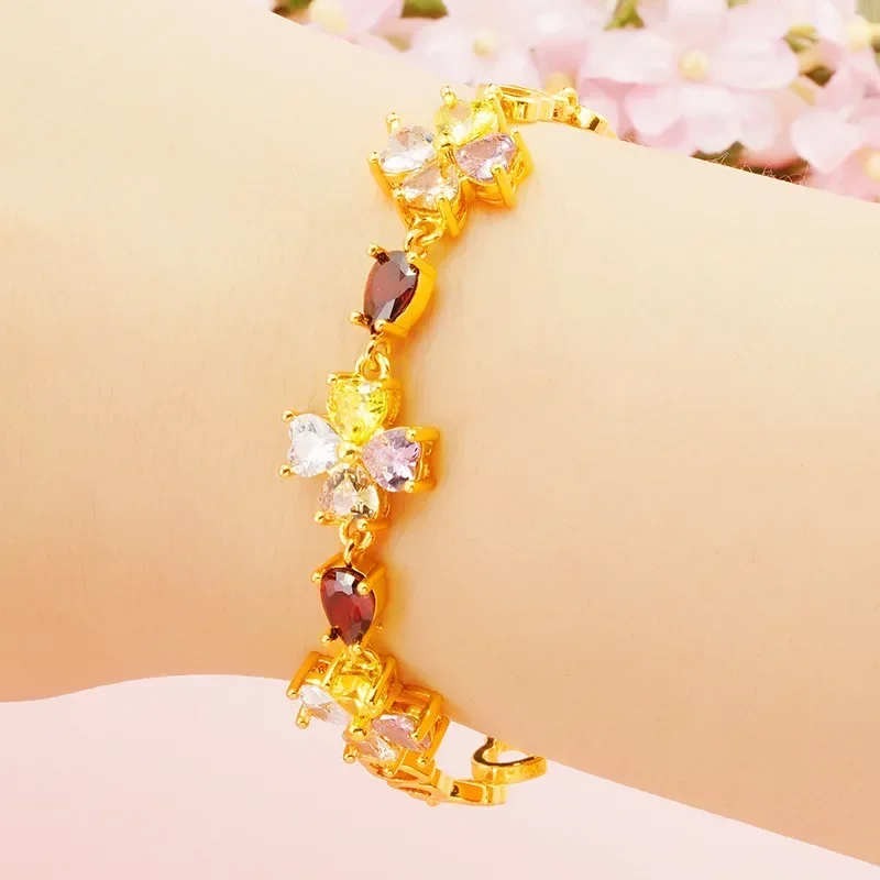 

Fashion Copper Gold-plated Color Zircon Four-leaf Clover Women's Bracelet Plated 24K Gold Inlaid Crystal 20cm Ladies Chain Jewel