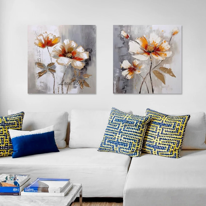 

Acrylic Paintings Flowers Palette Knife Canvas Art Wall 3d Beautiful Picture Scenery Frameless 2PCS 1 Set Abstract Artwork