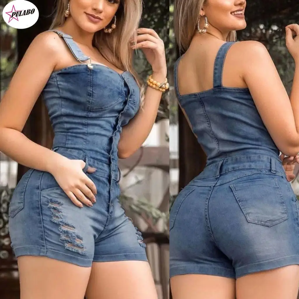 

PULABO Denim OverallsWomen Jeans Cropped Pants Overalls Jumpsuits Poled Distressed Casual Fit Summer Playsuits