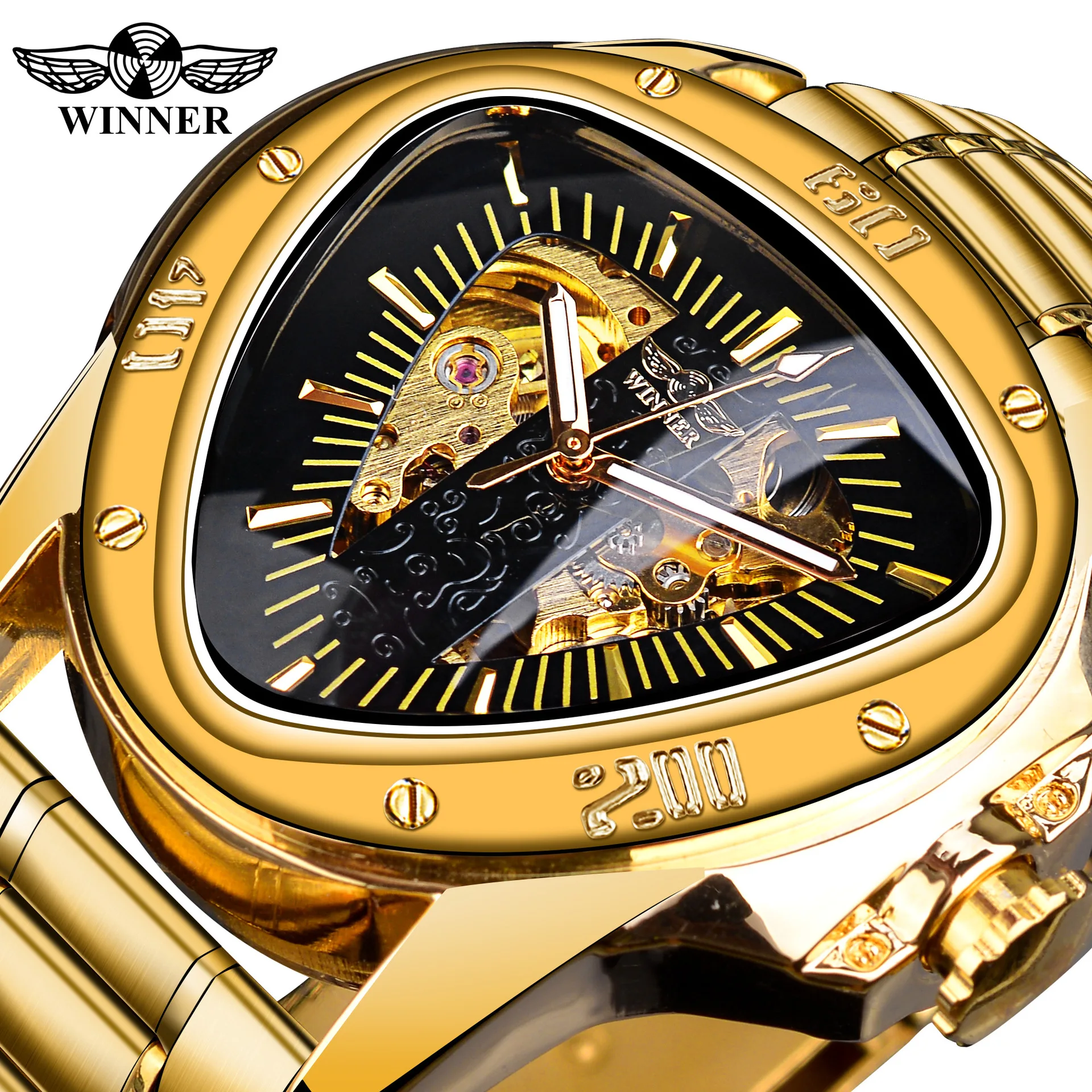 

Fashion Winner Top Brand Triangle Men's Automatic Mechanical Hollow Luxunry Golden Full Stainless Steel Men's Wrist Watches