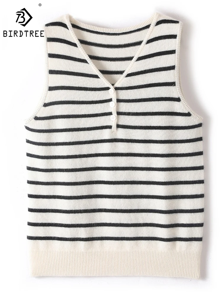 Birdtree 100%Cashmere Striped Vest Women V-neck Comfortable Soft Casual Versatile Simple Base Knitted Vest Fall Winter T3N410QD
Birdtree 100%Cashmere Striped Vest Women V-neck Comfortable Soft Casual Versatile Simple Base Knitted Vest Fall Winter T3N410QD