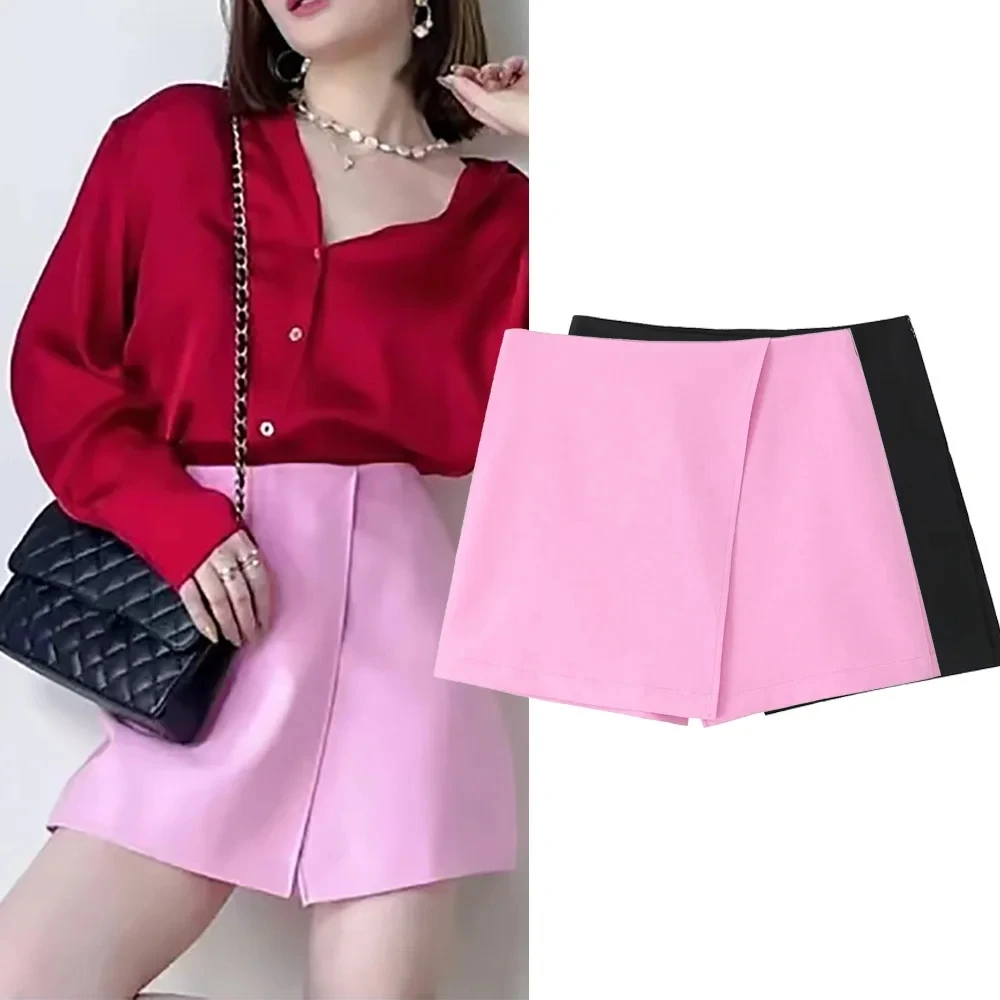

TRAF Pink Mini Skirts For Woman Sexy High-Waist Skort Women Fashion Asymmetric Hem Shorts Female Black New Aesthetic Short Skirt