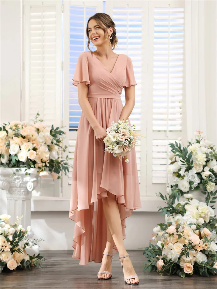 

A-Line V-Neck Short Sleeves Ruched Asymmetrical Chiffon Bridesmaid Dresse With Pockets Dresses for Weddings Woman Elegant Guests