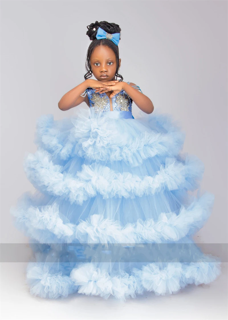 

Sky Blue Flower Girl Dress Puffy Ruffle Crystal Pearls Beading Sleeveless Ball Gowns African Child Birthday Party Dress