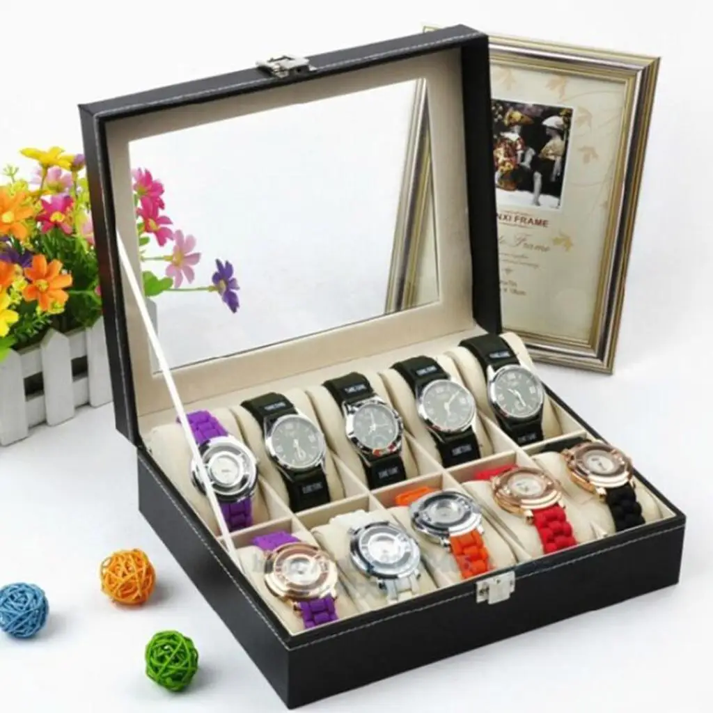 10 Slot PU Leather Watch Box Glass Top Watches Display Case Holder Multifunction Organizer Storage Strap Jewelry Boxes |