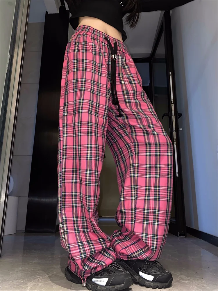

Leg Checked Trousers Female Oversize Streetwear Edgy Style Sweatpants Harajuku Pink Plaid Pants Women Cyber Y2K Egirl Wide
