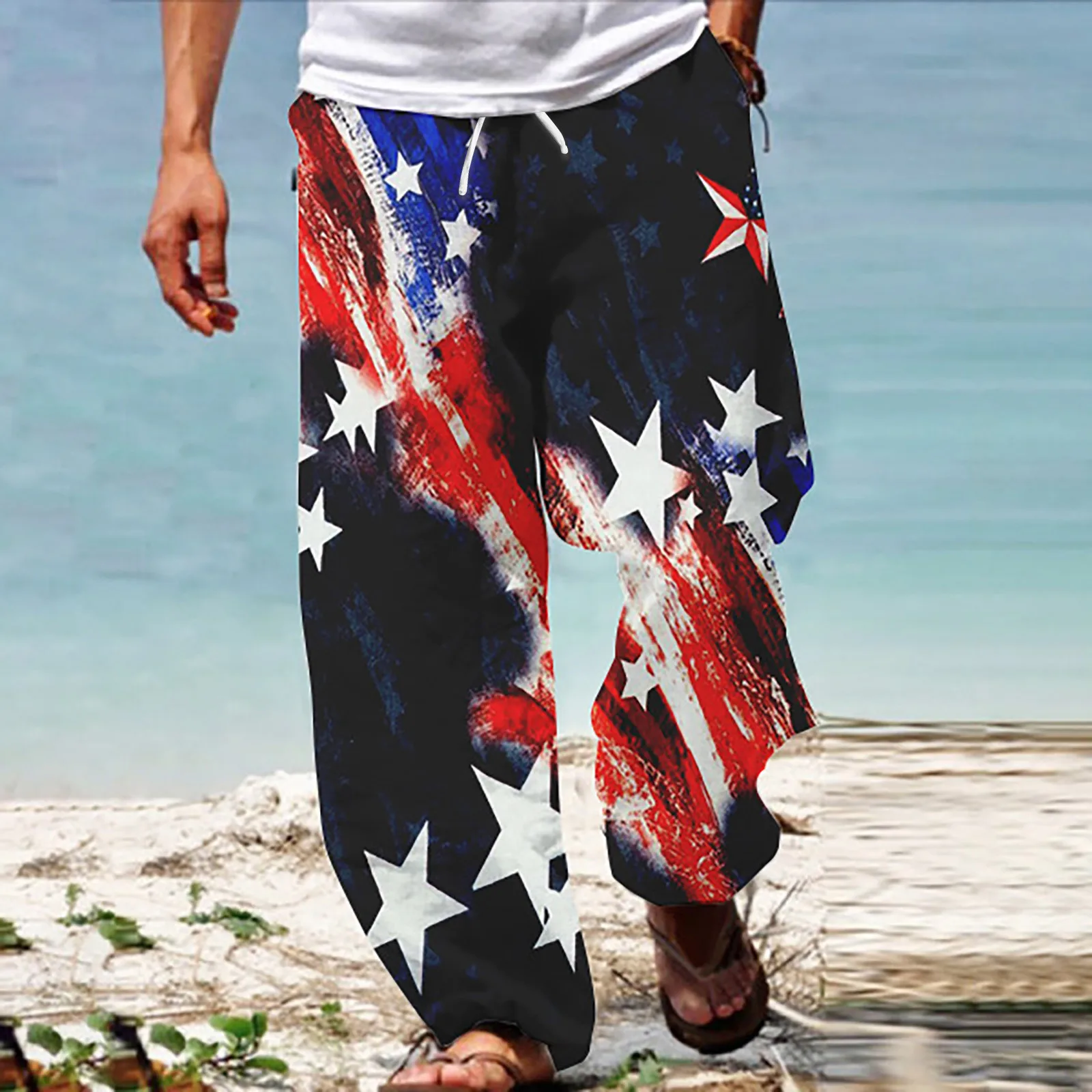 

Винтажные штаны для бега, мужские брюки в европейском и американском стиле с широкими штанинами, брюки на шнуровке с двойными карманами, летняя пляжная одежда в гавайском стиле
