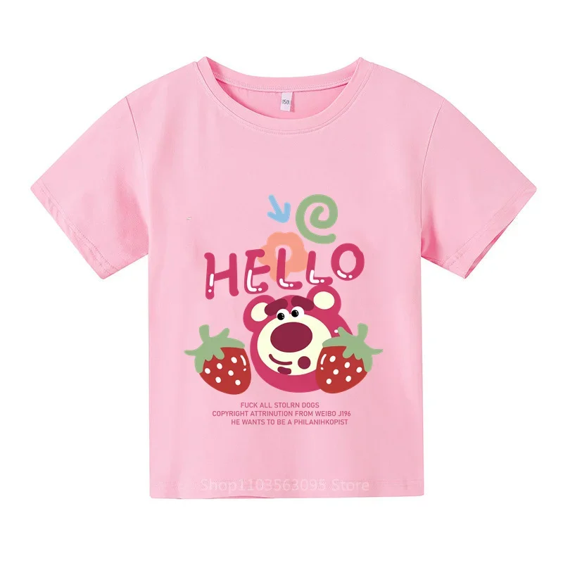 

Детская футболка с принтом клубничного медведя, летняя уличная хлопковая Повседневная модная рубашка с коротким рукавом для мальчиков и девочек