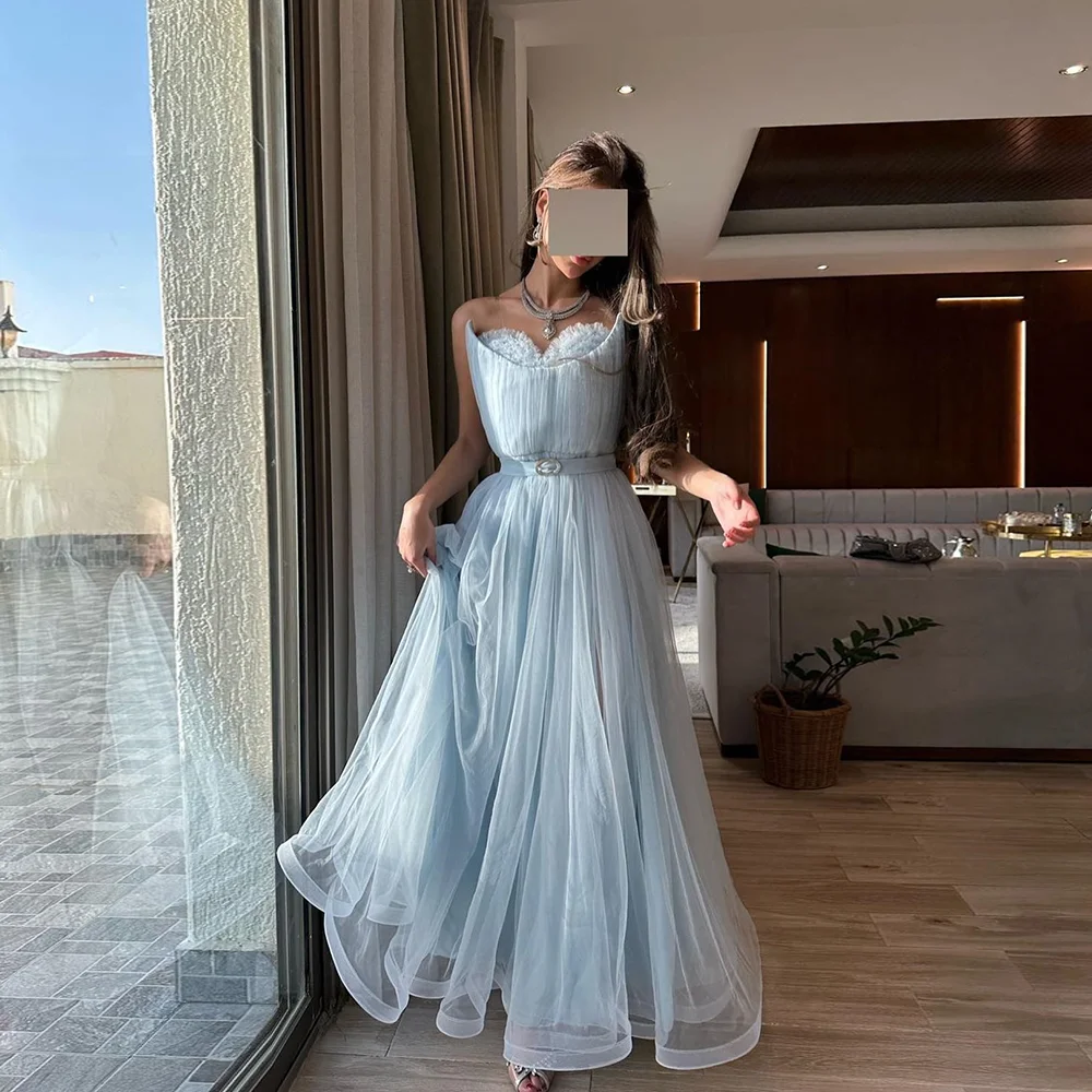 Strapless Prom Dresses A-Line Sky Blue Backless Pleat Long Tulle Evening Dress Sleeveless Simple Floor-Length Party Gowns
Strapless Prom Dresses A-Line Sky Blue Backless Pleat Long Tulle Evening Dress Sleeveless Simple Floor-Length Party Gowns