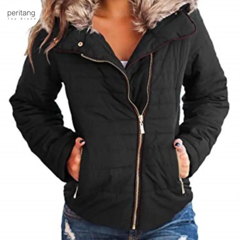 

Women Casual Faux Fur Lapel Zip Pockets Quilted Parka Jacket Puffer Coat