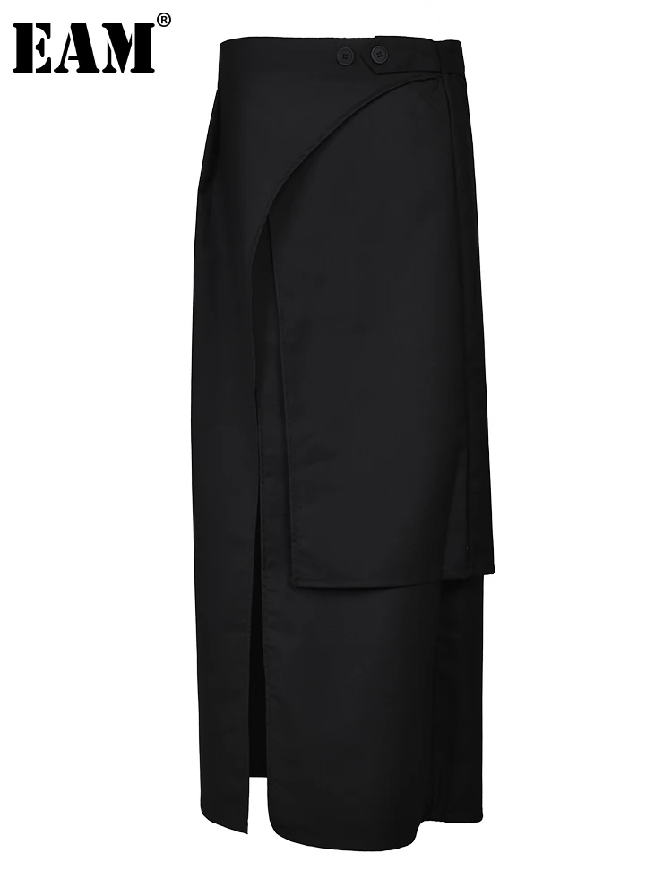 

[EAM] High Waist Black Irregular Slit Hem Layers Casual Half-body Skirt Women Fashion Tide New Spring Autumn 2024 1DF82440