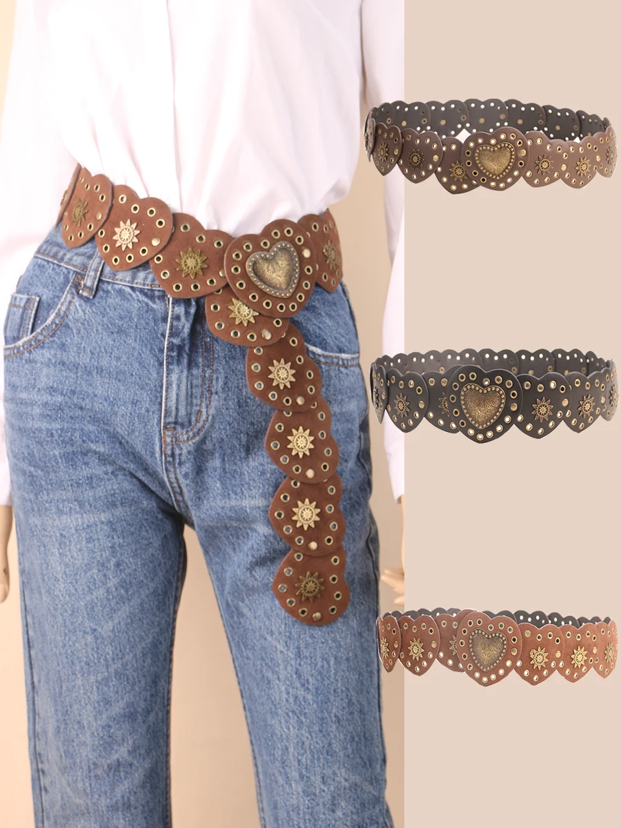 

Women's Punk Peach Blossom Eyestay Rivet Mouth Connection Waist Decorate Cowgirl Style Belts For Ladies Outgoing Jeans Dress