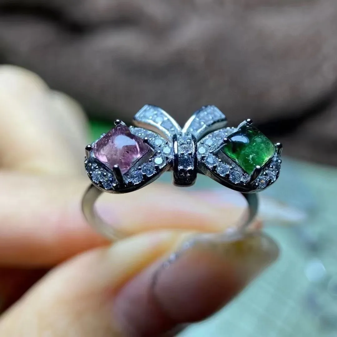 

10pcs/lot pure natural tourmaline ring Four-leaf clover color Very nice crystal Ring size Adjustable S925 sterling silver inlay