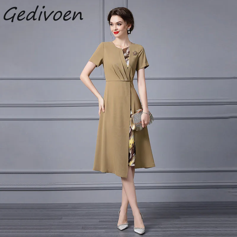 

Gedivoen Summer Fashion Runway Elegant Temperament Dress Women's O-Neck Brooch Print Splicing High Waist Irregularity Long Dress