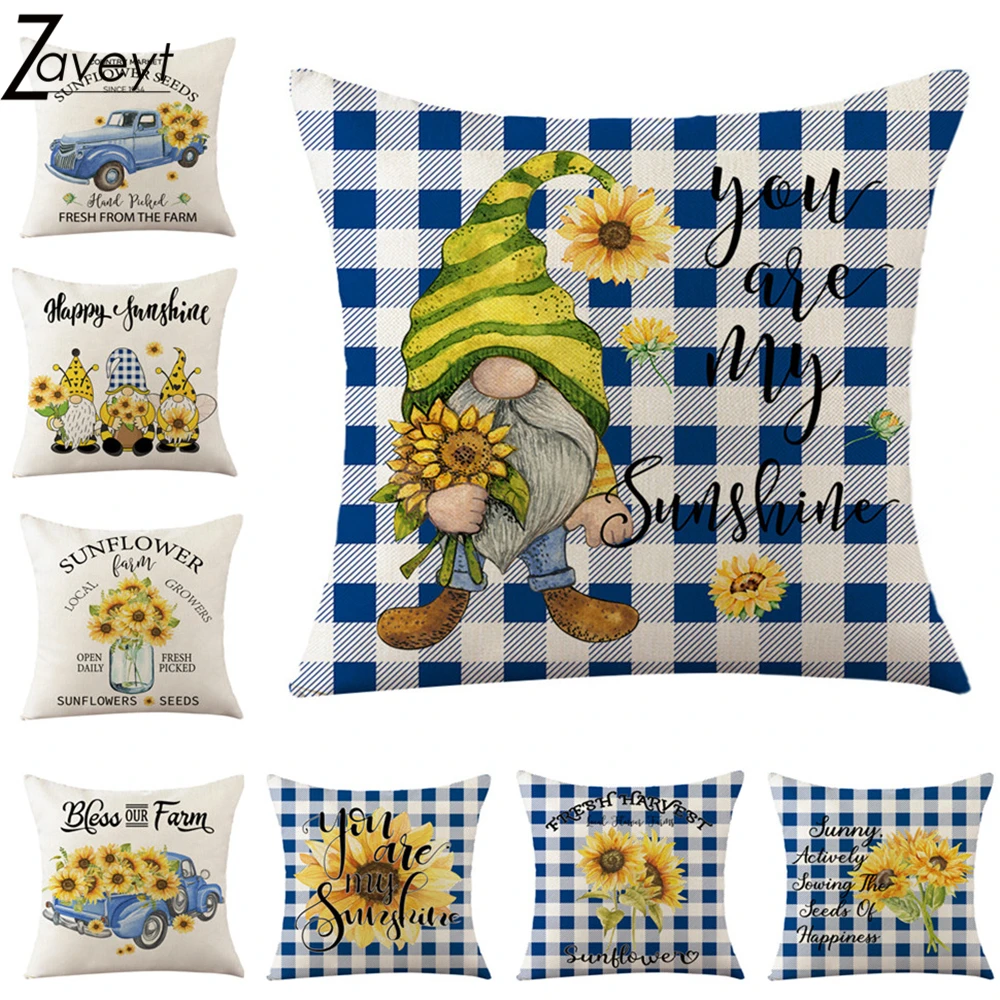 

Cute Gnome dwarfs Cartoon Print Linen Throw Pillowcase Geometric Buffalo Lattice Cushion Cover 45x45cm Sunflower Pillow Cover