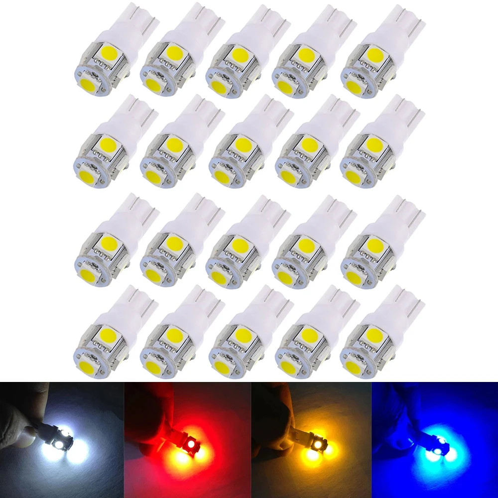 

20PCS T10 Led Car Lights 5050 5smd Super White Red Yellow 194 168 W5W Led Parking Bulb Auto Wedge Clearance Read Lamp 12v