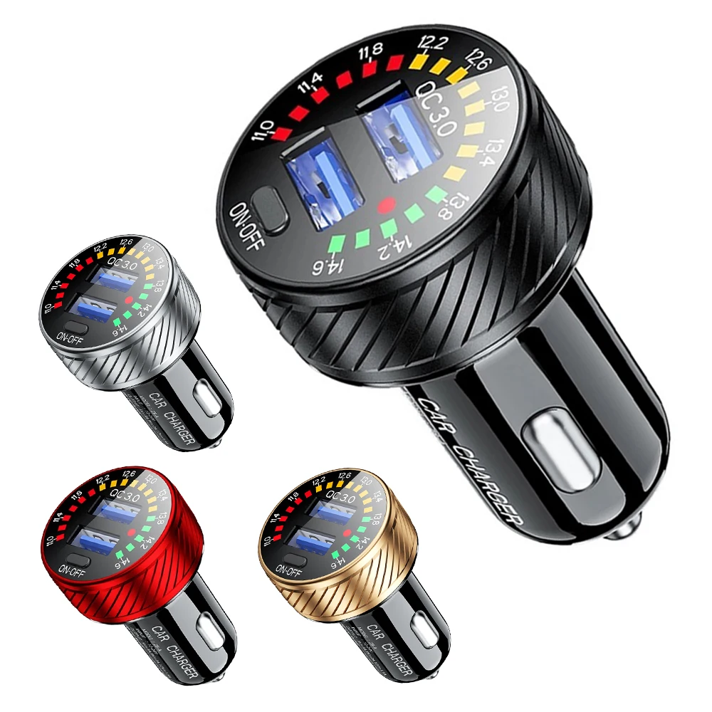 

12 24V Dual USB Car Charger QC 3.0 Waterproof 18W Fast Charging Marquee Light LED Voltmeter ON OFF Switch Car-charger Adapter