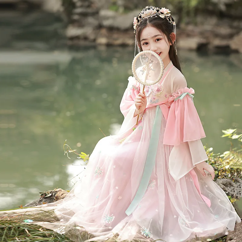 

Vintage Hanfu Dress Girls Ancient Chinese Traditional Dance Kids Fairy Perform Dress Costume Birthday Girls Party Cosplay